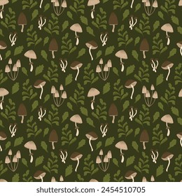 Fern leaves and mushrooms seamless pattern. Vector forest illustration with foliage and morel, parasol, button mushroom, honey agaric. Goblincore style. Template for textile, wallpaper, paper, print.