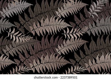 Fern leaves. Natural seamless pattern. Dark background. Vector illustration. Template for textile, wallpaper, paper.