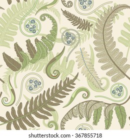 fern leaves on a yellow background in seamless pattern