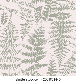 Fern leaves, Pale green seamless pattern, forest floral seamless pattern. Vector illustration