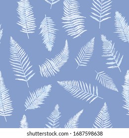 Fern leaves seamless pattern, forest backdrop in blue pastel colors