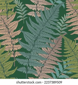 Fern leaves. Seamless pattern. Natural background. Vector illustration. Green and gold foil print. Template for textile, wallpaper, paper.