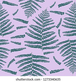 Fern leaves seamless pattern on violet background. Vector illustration in trendy style. 