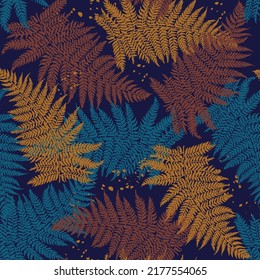 Fern deja un patrón sin fisuras en el fondo oscuro. Patrón natural para papel de regalo, papel de pared, embalaje, impresión de tela, ropa de cama, textiles