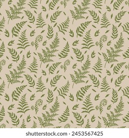 Fern leaves seamless pattern. Vector forest illustration. Simple goblincore style. Template for textile, wallpaper, paper, print. Light beige background. 