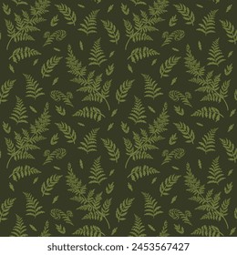 Fern leaves seamless pattern. Vector forest illustration. Simple goblincore style. Template for textile, wallpaper, paper, print. Dark background. 