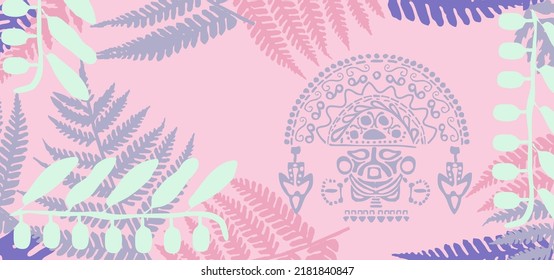 Fern leaves, signs and symbols of the ancient peoples of America on a pink background
