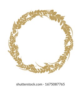 Fern leaves, tropical palm leaves round frame with place for text. Golden leaves hand drawing outline.