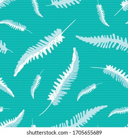 Fern leaves vector seamless pattern background. Forest plant frond backdrop. Hand drawn white and aqua blue botanical foliage design. All over print for packaging, beauty products, wellness concept.