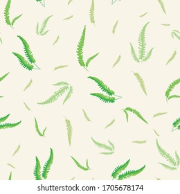 El hierro deja el fondo del patrón sin fisuras vectorial. Plantas forestales rodeadas de fondo verde blanco. Dibujo follaje botánico dibujado a mano. Impresión para embalajes, tejidos, tejidos y muebles blandos