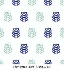 Fern leaves vector seamless pattern background. Minimal forest plant frond blue white backdrop. Hand drawn geometric botanical foliage illustration. All over print for packaging, print, stationery