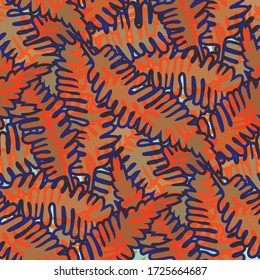 Fern leaves vector seamless pattern background. Fiery color forest plant frond backdrop. Hand drawn neon orange indigo botanical foliage design. Overlapping all over print for tropical concept