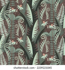  Fern, bosque místico, patrón sin fisuras en delicados colores verdes. Naturaleza, helechos, plantas, flores, fondo negro. Dibujo manual, vector