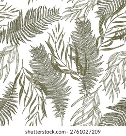 Fern palm leaves outline vector seamless pattern. Monochrome botanical repeat background with tropical foliage. Hand drawn vintage ink illustration for textile wallpaper or wrapping paper design.