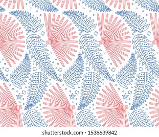 Fern, palm leaves seamless background. Exotic palms illustration. Vector abstract leaf shape pattern.