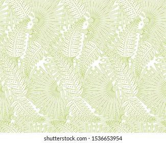 Fern, palm leaves seamless background. Exotic palms illustration. Vector abstract leaf shape pattern.