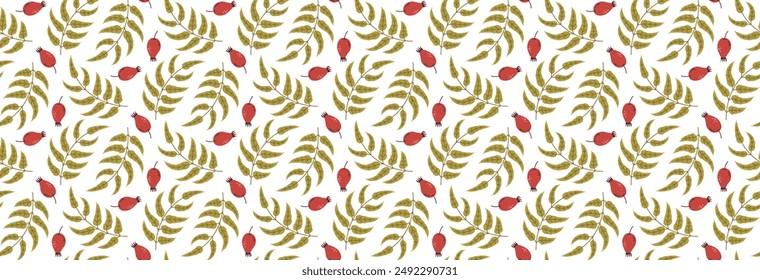 Fern pattern. Forest leaves and berries background. Fall season leaf ornament