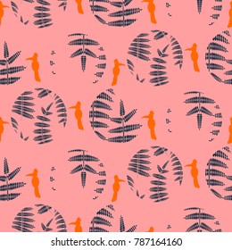 Fern pink leaves circles and birds seamless vector pattern. Foliage repeat background.