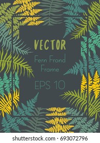 Fern or polypodiophyta plant leaves decorative background and rectangular vertical frame. Detailed fern drawing, tropical forest herbs, fern frond grass rectangle border.