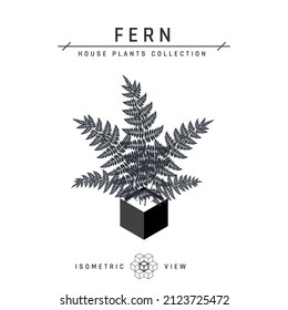 Fern In Pot Isometric Black Icon. House Plant In Flat Style For Interior Designs. Vector Illustration Isolated On A White Background.