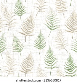 Fern Seamless Pattern,Fern frond herbs, tropical forest plant leaves seamless vector wrapping Beautiful herbal pattern. Forest bush plant, tropical fern grass herb leaves print green with beige. 