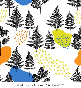 Fern Seamless Vector Pattern. Yellow, orange, blue, white and black colors.