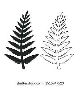 fern silhouette with outline. Black isolated prints of fern leaves on the white background.  Vector Illustration