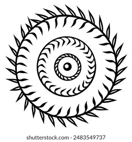 Fern Spiral Pattern with Fronds in Line Art