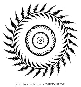 Fern Spiral Pattern with Fronds in Line Art