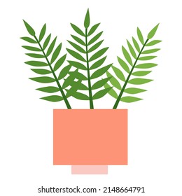 Fern with three leaves in pink square flower pot. Composition is isolated on white background. Suitable for scrapbooking, textile, notebook cover, dishes, mugs, web. Logo, label. Vector illustration