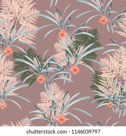 Fern tropical leaves seamless pattern . Bush plant leaves decoration on vintage brown background. Colorful fern tropical forest herbs, fern frond grass wallpaper.