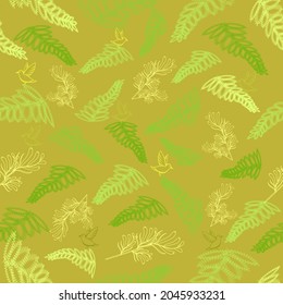 Fern twigs, little birds and wild New Zealand flax branches pattern. Seamless tropical vector print. Botanical graphic pattern with fern fronds, flowers and birds, Jungle style romantic wallpapers