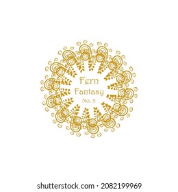 Fern wreath of rich gold color. Vector illustration. Botanical fantasy frame with place for text. Luxury fern fronds frame isolated on white background. Tropical herbal wreath. Golden geometric border