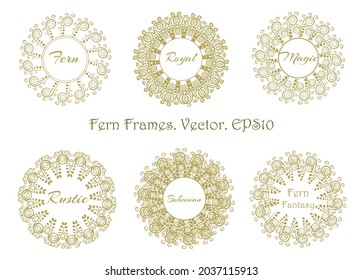 Fern wreath vector set. Gold colors herbal frames collection. Botanical fantasy borders with fern branches ans fronds. Wild forest herbal wreath set
