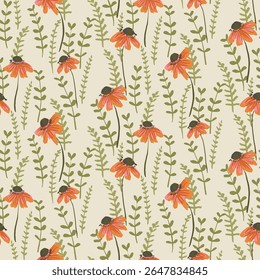 A ferns garden with wildflowers forming a maximalist botanical pattern in colors of orange, pink, brown and green on beige background. Floral seamless vector pattern. Great for home decor, fabric, etc