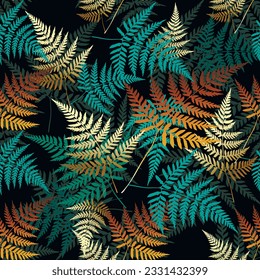 Ferns pattern. Tropical floral seamless pattern. Colorful tropic plants background. Fern bushes, leaves, branches. Forest. Jungle. Repeat ornamental vector backdrop. Tropic decorative endless ornament