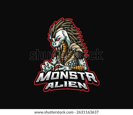 A ferocious alien monster with sharp claws and glowing red eyes. Vector mascot illustration