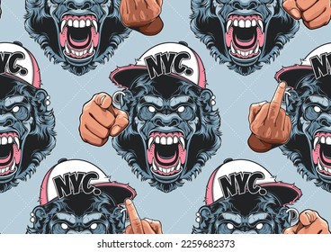 ferocious angry gorilla monkey face, seamless pattern, street comic art, textile summer fashion, artwork for fabric print, clothes, handkerchief, bedsheet
