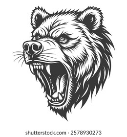 Ferocious Bear Head Roaring – Detailed Black and White Line Art Illustration"