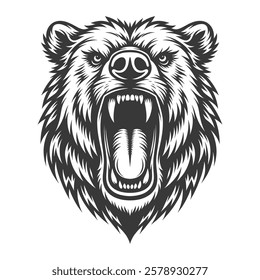 Ferocious Bear Head Roaring – Detailed Black and White Line Art Illustration"