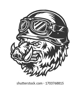 Ferocious biker wild boar head in monochrome vintage style isolated vector illustration