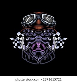Ferocious biker wild boar head in full color