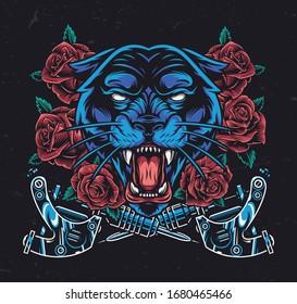 Ferocious black panther head with roses and crossed tattoo machines in vintage style isolated vector illustration