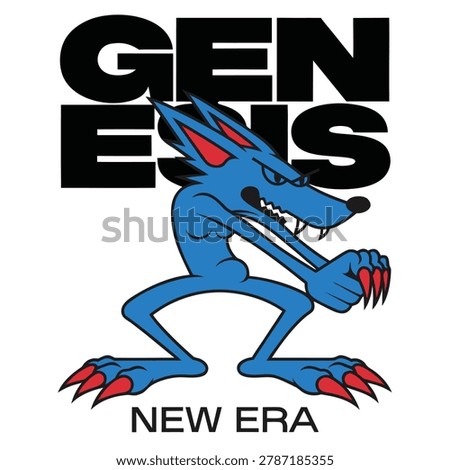 Ferocious blue wolf-like creature mascot, sharp red claws and fangs, hunched aggressive stance, 'GENESIS' text.
