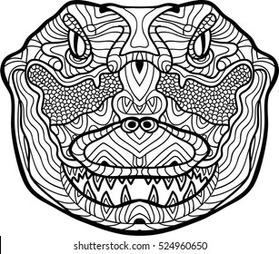 Ferocious crocodile is drawn by hand with ink.  Hand-drawn figure of a Ferocious crocodile on the white background. Line art design. Coloring book for adults. Zendoodle. Tribal patterns.