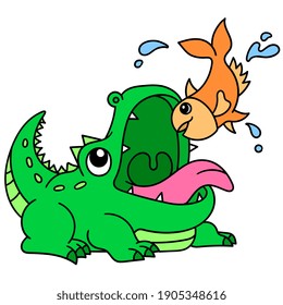 ferocious crocodile trying to prey on small fish, doodle draw kawaii. vector illustration art