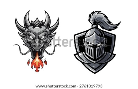 Ferocious Dragon Head Spewing Fire and Knight Helmet Emblem Isolated