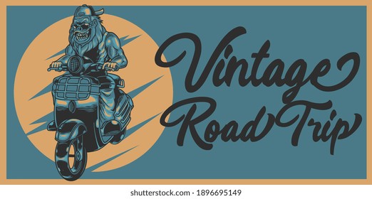 Ferocious gorilla in biker style and goggles in vintage style isolated vector illustration. Vintage primate monkey riding old scooter motorcycle. Good for t-shirt design, poster, sticker, or apparel