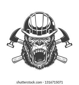 Ferocious gorilla head in builder helmet with crossed hammers in vintage monochrome style isolated vector illustration