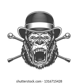 Ferocious gorilla head in fedora hat with crossed walking sticks in vintage monochrome style isolated vector illustration